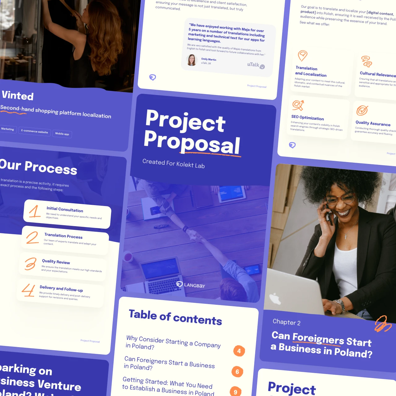 Langbay proposal deck pages showing the Vinted case study, project process, client testimonial, and table of contents
