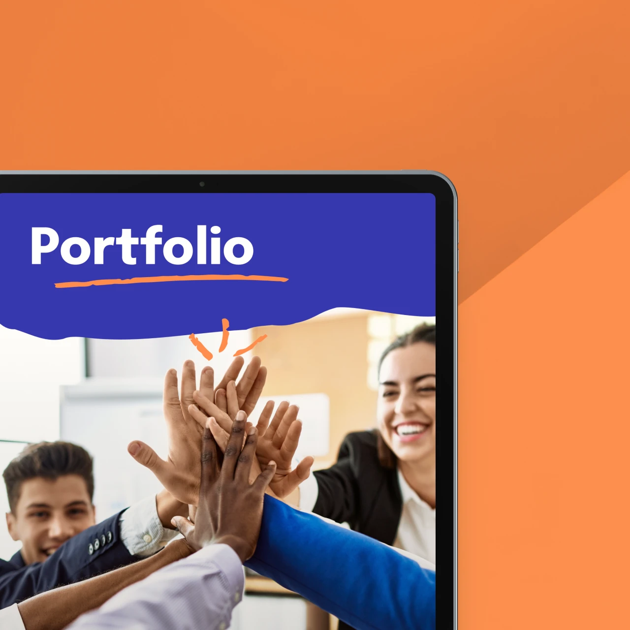 Tablet displaying the Portfolio section cover of the Langbay proposal deck, with a team high-five photo