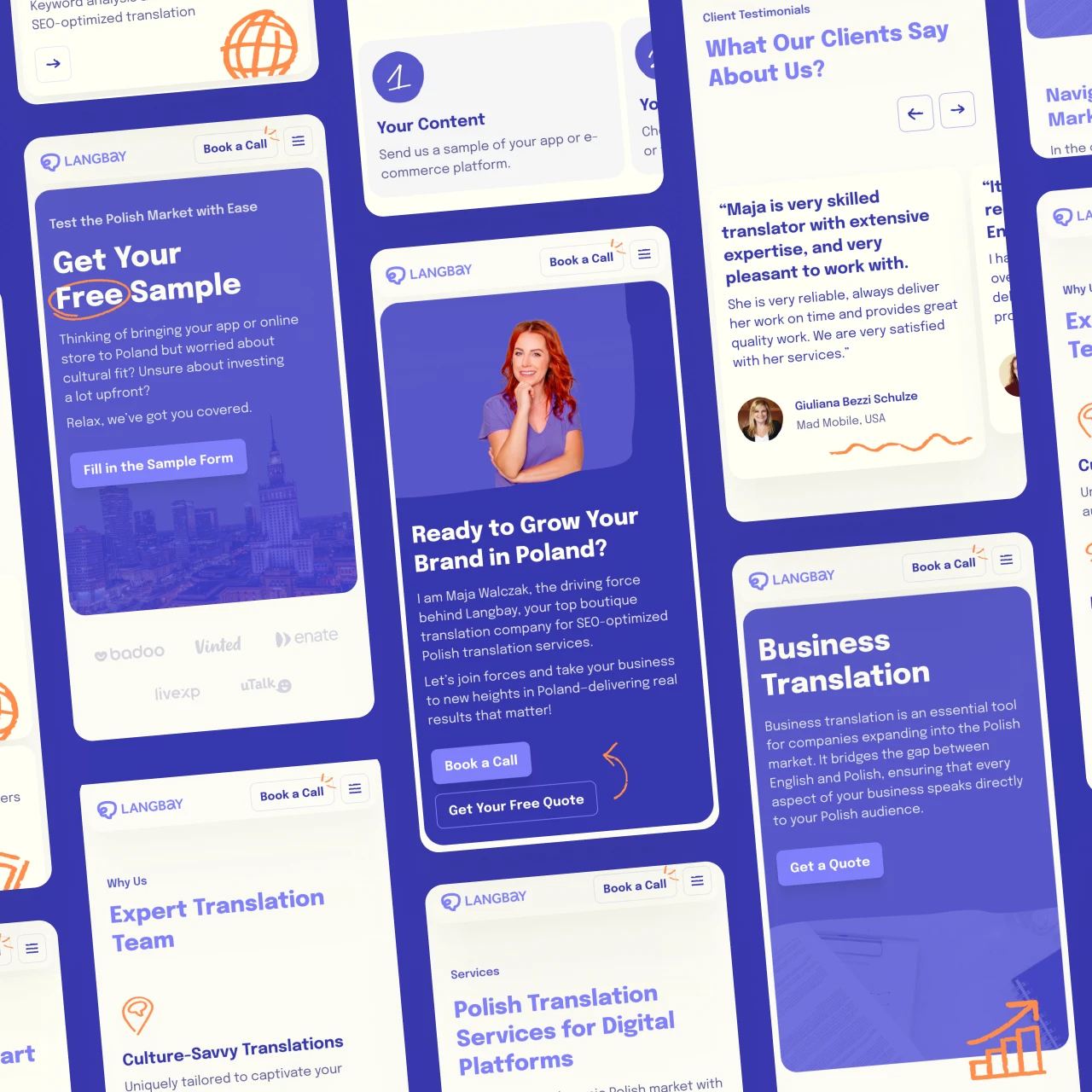Collection of Langbay website mobile screens showing the free sample request page, founder introduction, client testimonials, and the business translation service page