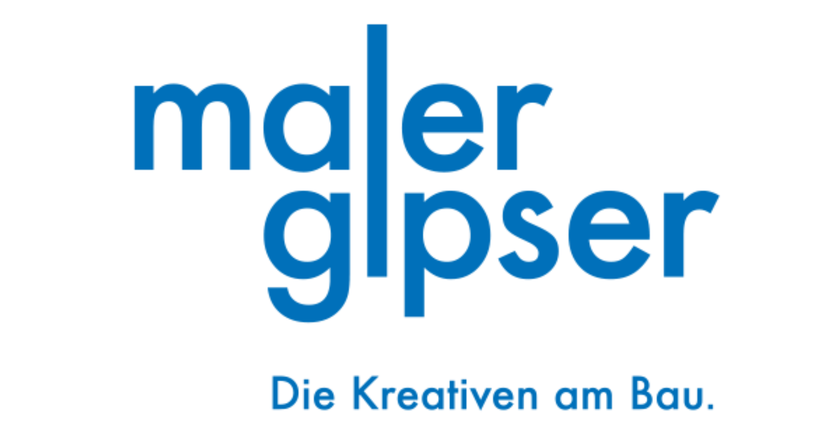 Logo von Maler Gipser mit dem Slogan Die Kreativen am Bau in blauer Schrift.