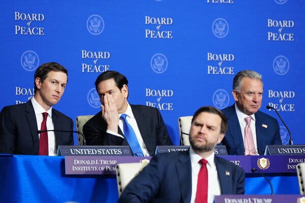 From left: Jared Kushner, Marco Rubio, JD Vance, and Steve Witkoff seated during a Board of Peace event.