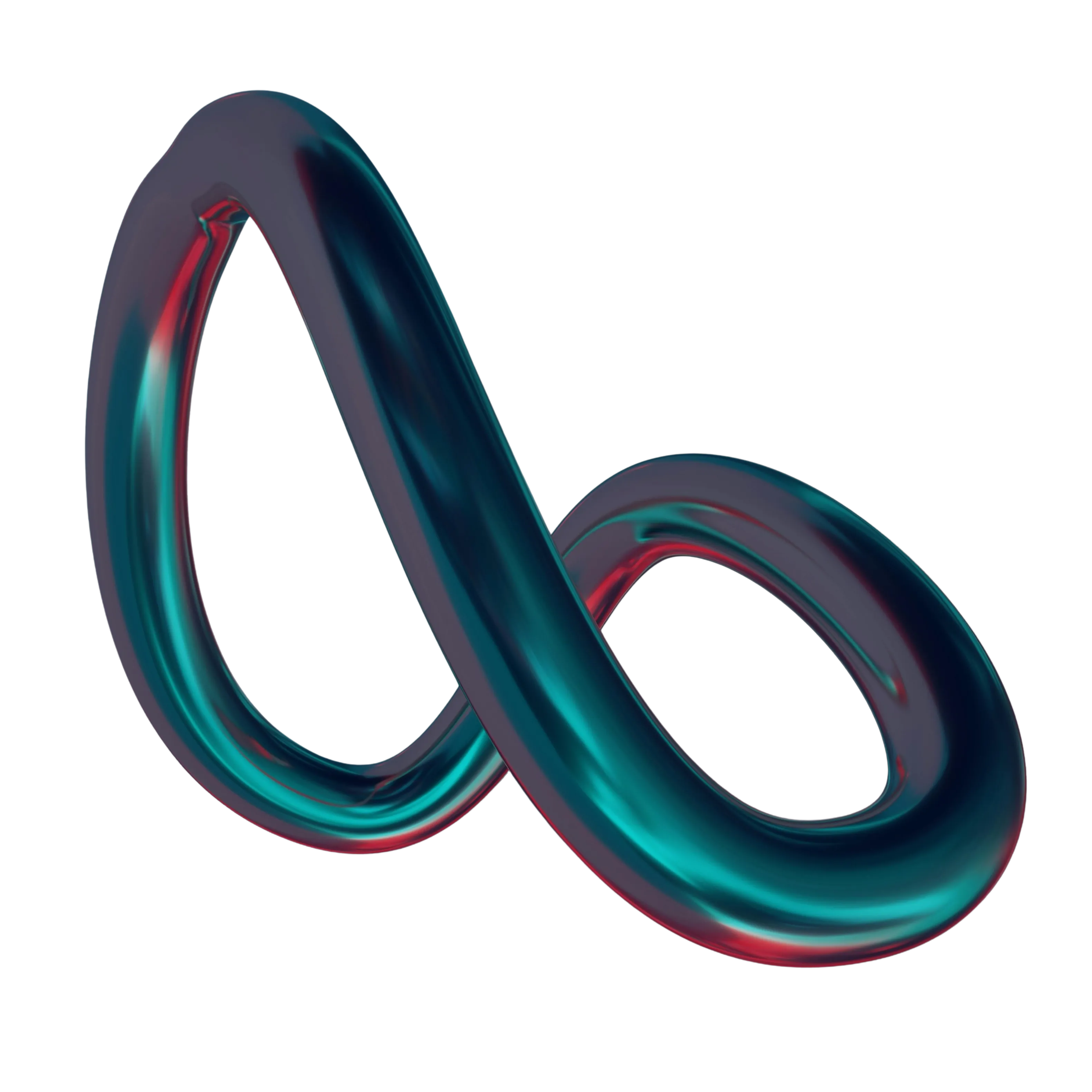 Shiny metallic infinity symbol with blue and red reflections on a black background.