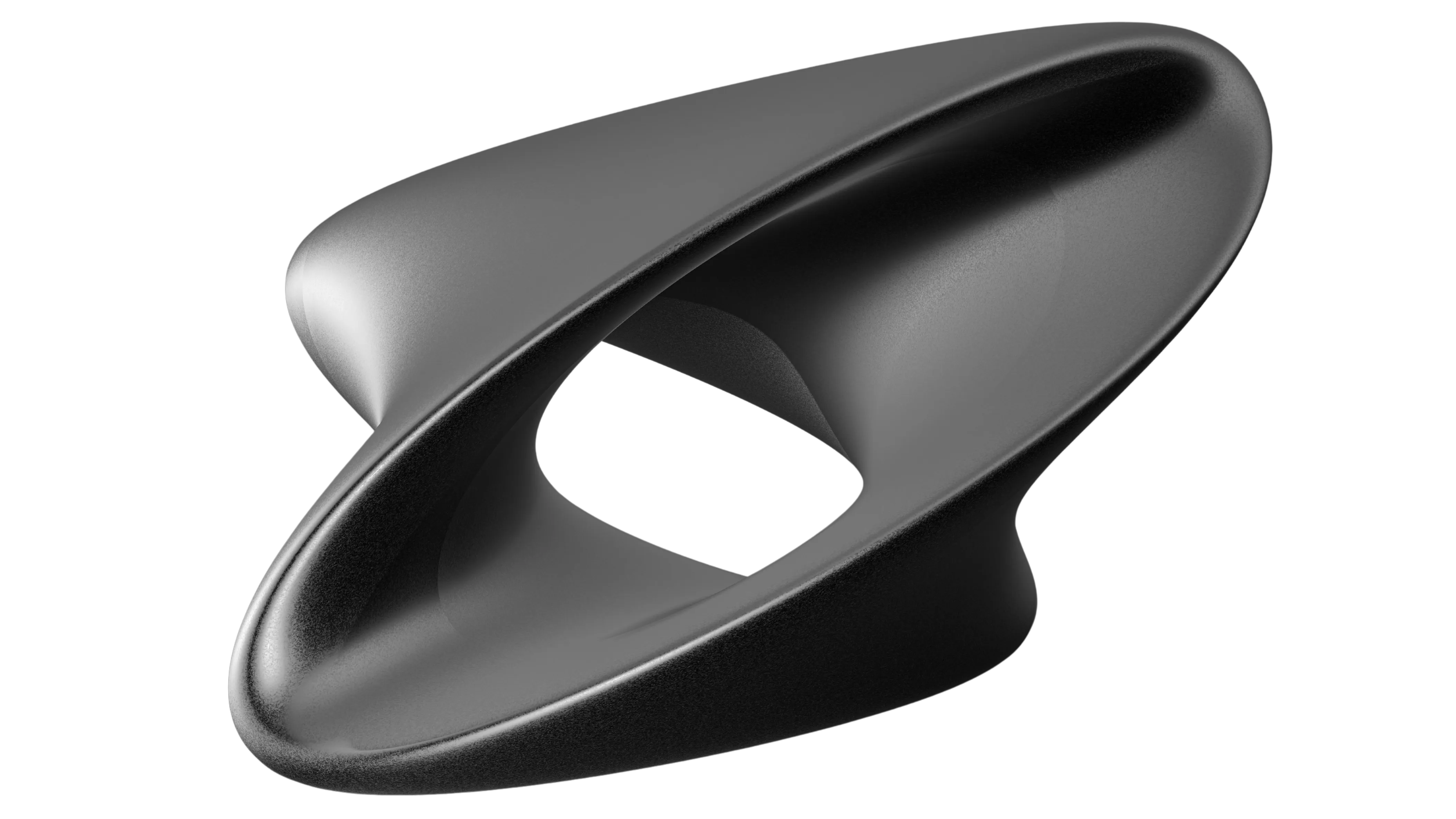 A smooth, abstract black 3D torus knot sculpture with a hollow center against a black background.