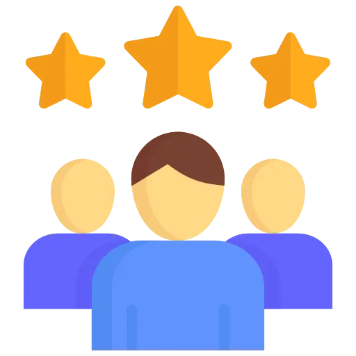 Three stylized people with three golden stars above them, representing customer review or rating.