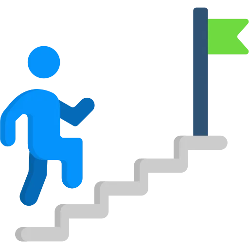 Blue figure climbing stairs towards a green flag on a pole symbolizing progress or goal achievement.