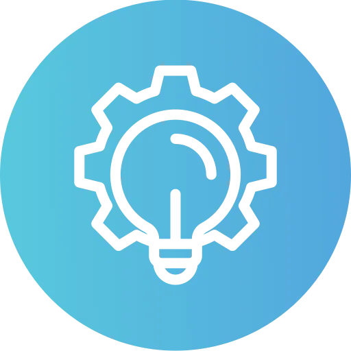 Light bulb inside a gear on a blue gradient circle representing innovation and technical ideas.