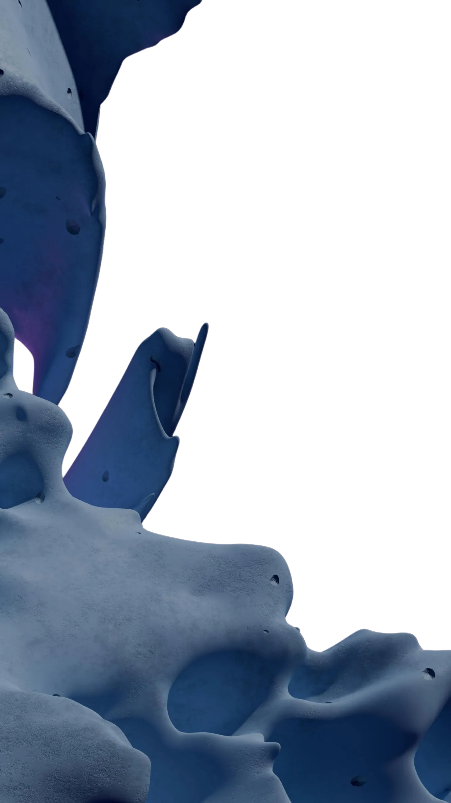 Abstract dark blue and purple rock-like organic shapes with a textured surface against black background.