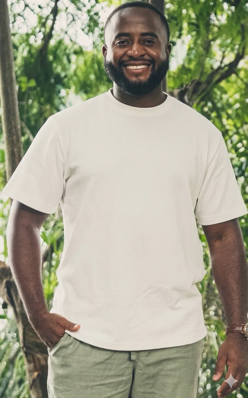 Smiling man with a beard wearing a white t-shirt and light green pants standing outdoors with green foliage background.
