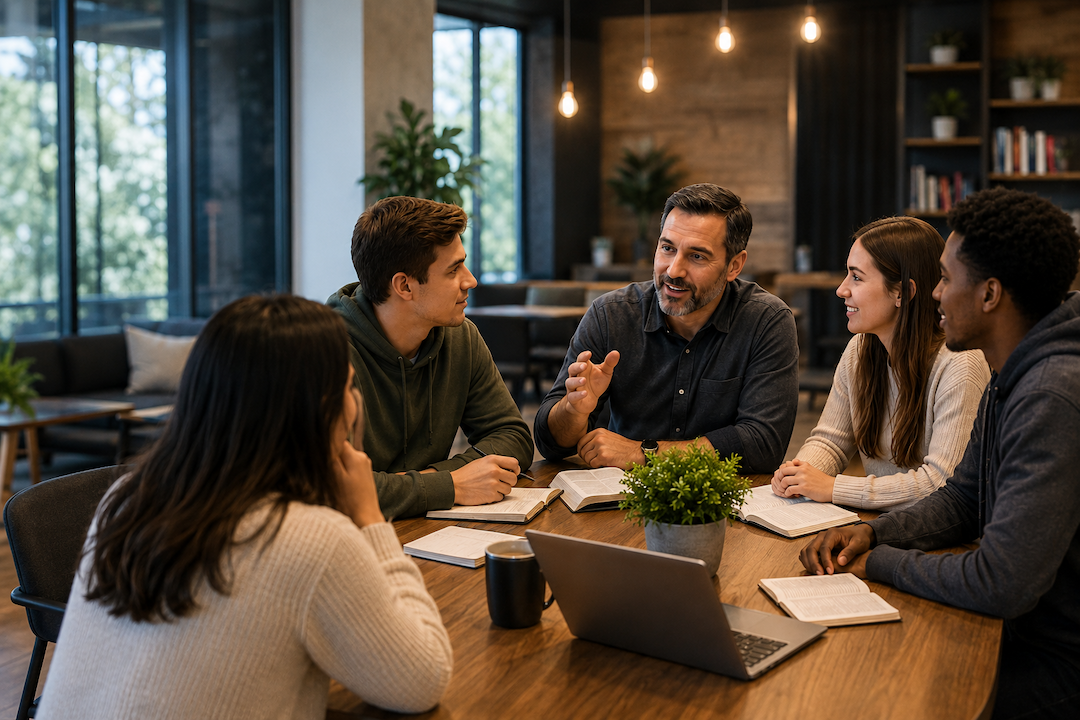 Group of five young adults having a discussion around a table with books and a laptop in a cozy, well-lit room.