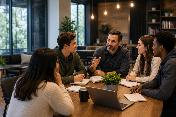 Group of five young adults having a discussion around a table with books and a laptop in a cozy, well-lit room.