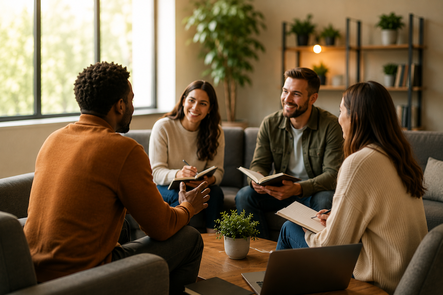 Group of four people sitting in a cozy room, engaged in discussion with notebooks and a laptop on a coffee table.