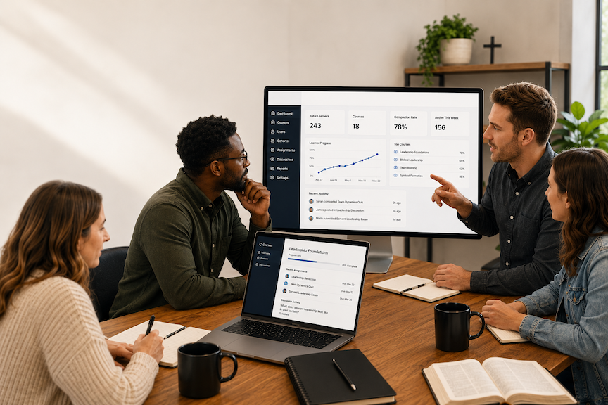 Four colleagues collaborating in a meeting room, reviewing leadership training progress and analytics on a monitor and laptop.