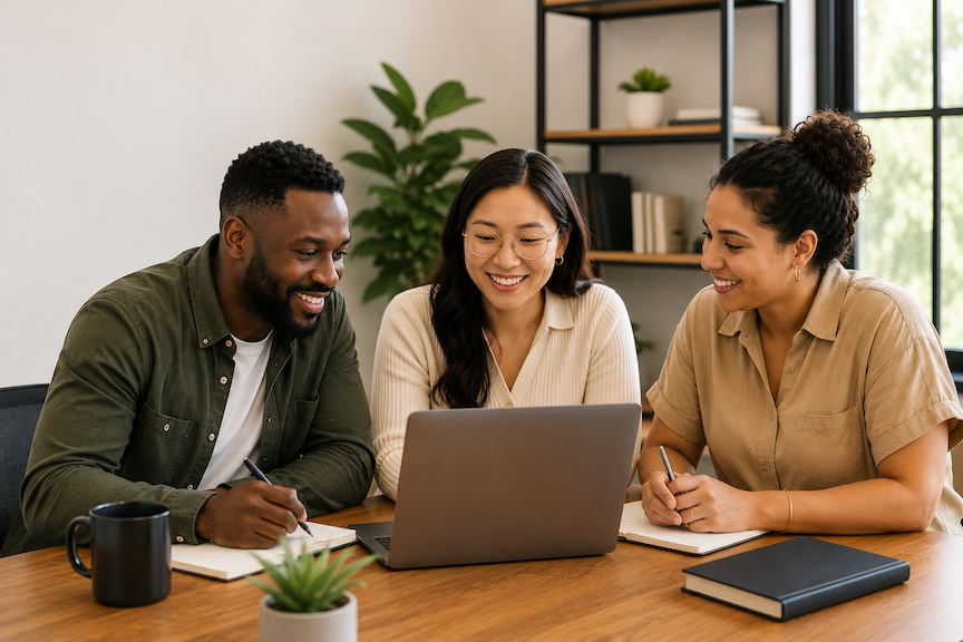 Three diverse colleagues smiling and collaborating on a laptop with notebooks and coffee in a bright modern office.