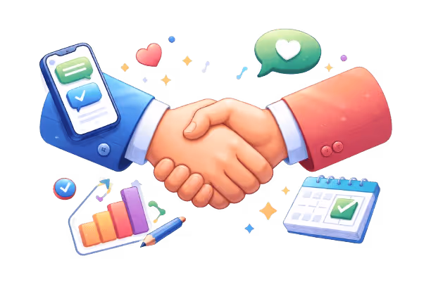 Ilustración de colaboración, confianza y relación profesional orientada a resultados.