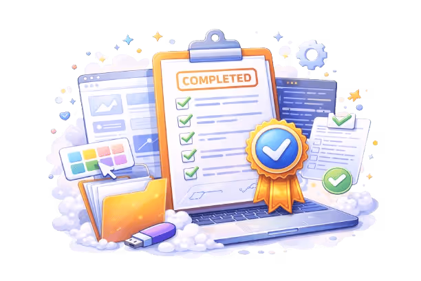 Ilustración que representa la finalización de tareas y la correcta ejecución de un proyecto web.