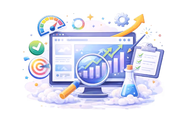 Ilustración de optimización web continua basada en análisis, rendimiento y mejora de resultados.