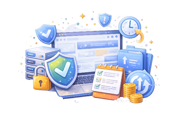 Ilustración de seguridad web y copias de seguridad automáticas para la protección de datos.