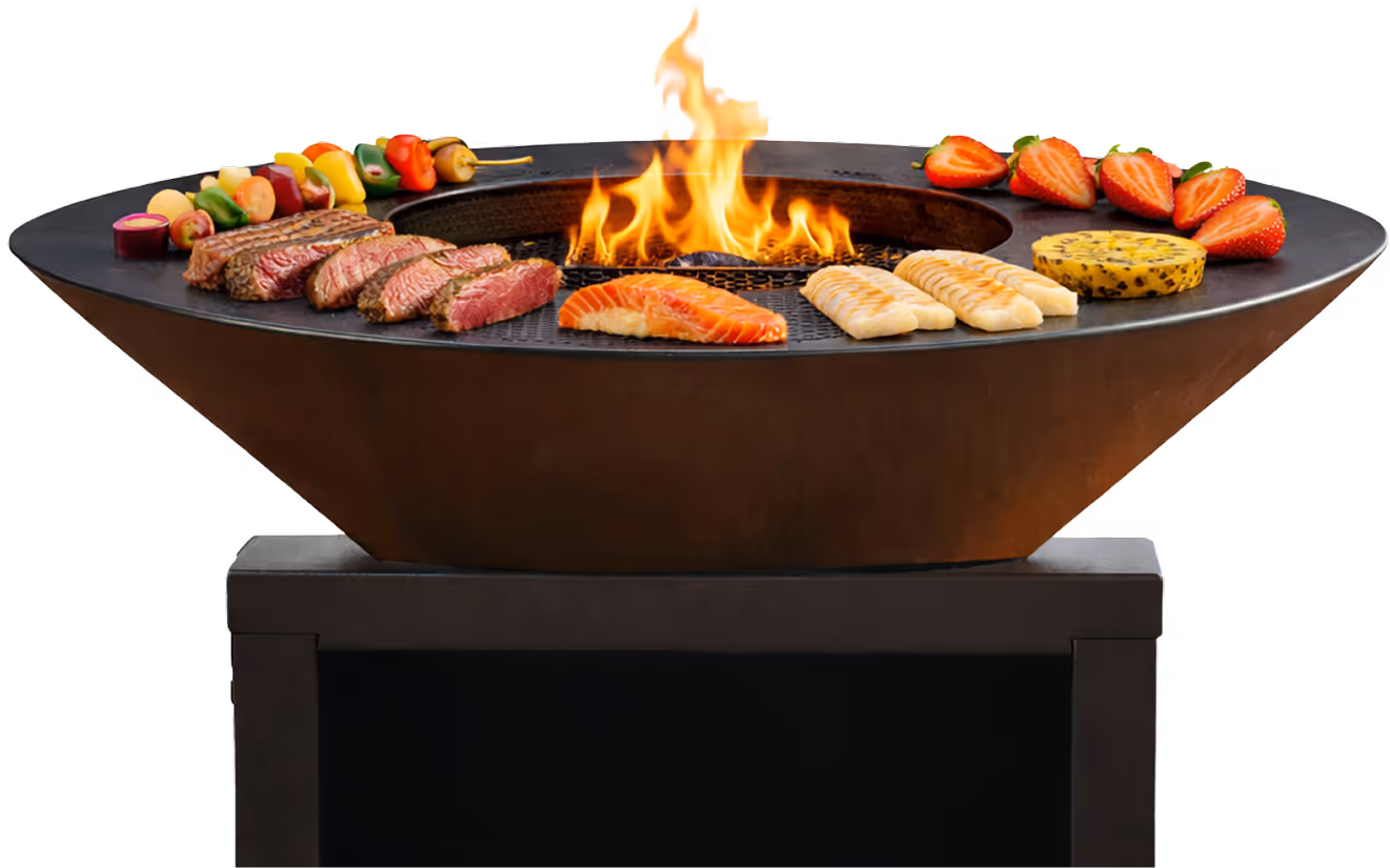 Brasero rempli de viandes, poissons, légumes, fromages et fruits.