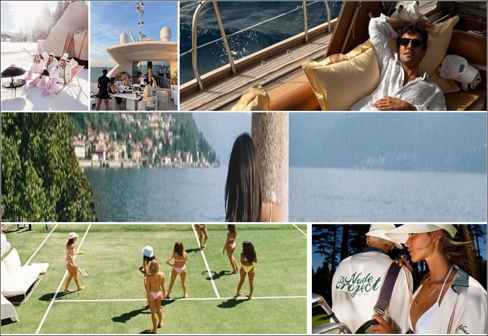 Collage of luxury lifestyle scenes including women in winter attire by a fire pit in snow, people dining on a yacht, a man relaxing on a yacht deck, a woman looking at a lakeside view, women playing tennis on a grass court, and two individuals dressed in golf attire.