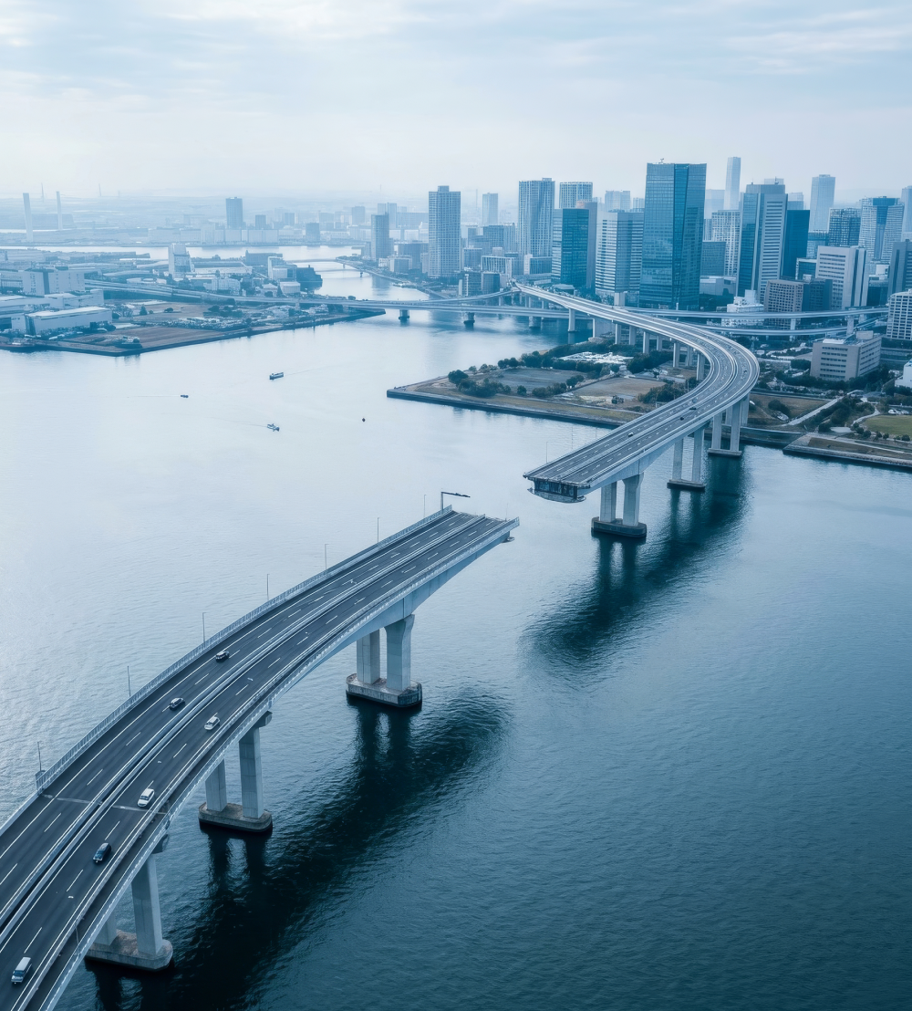 A large bridge over water with a visible gap where construction is incomplete near a city skyline.