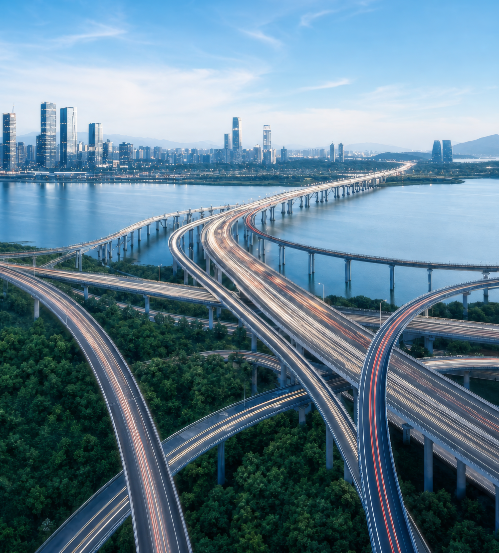 Complex highway interchange with bridges over water leading to a city skyline under a blue sky.