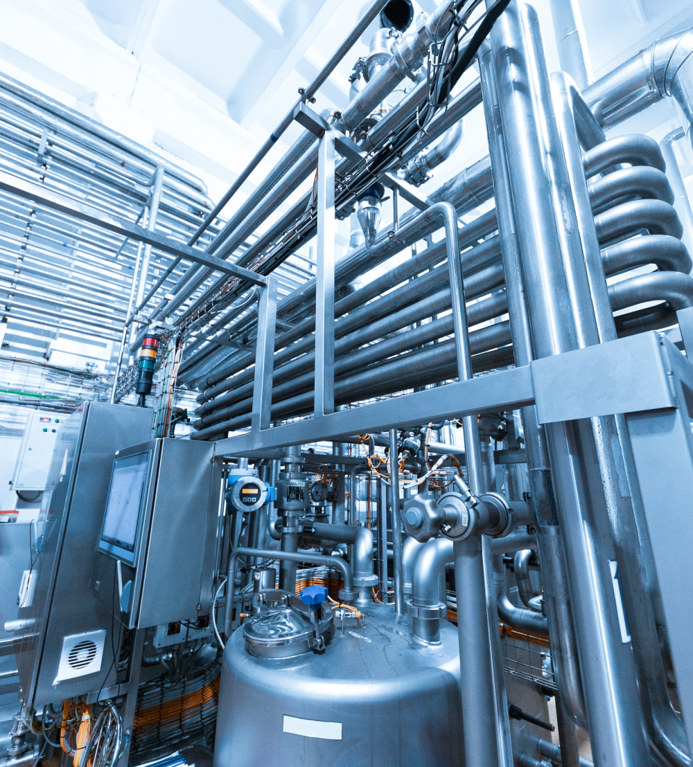 Industrial stainless steel pipes and tanks forming a complex network in a bright facility.