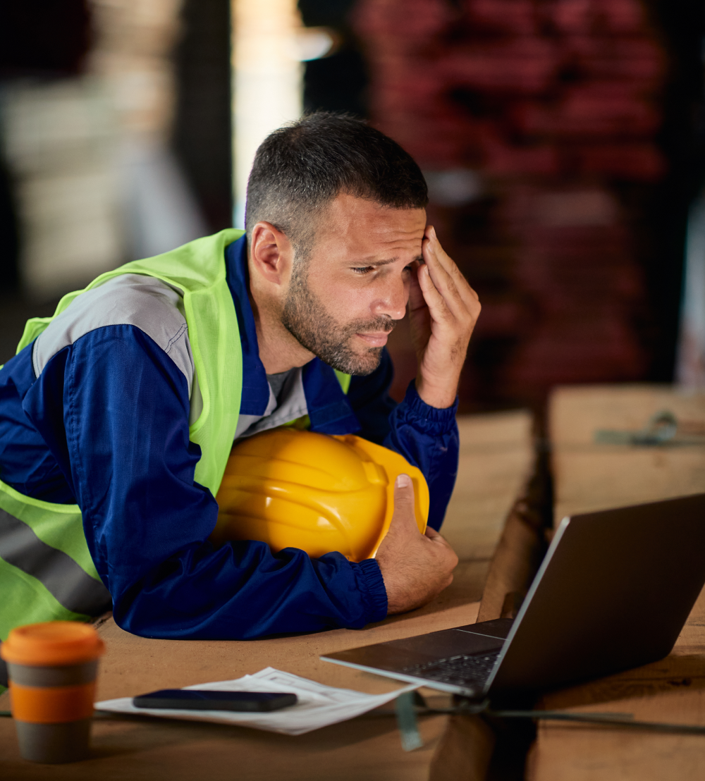 Frustrated construction worker with a yellow hard hat looking at a laptop on a wooden table.