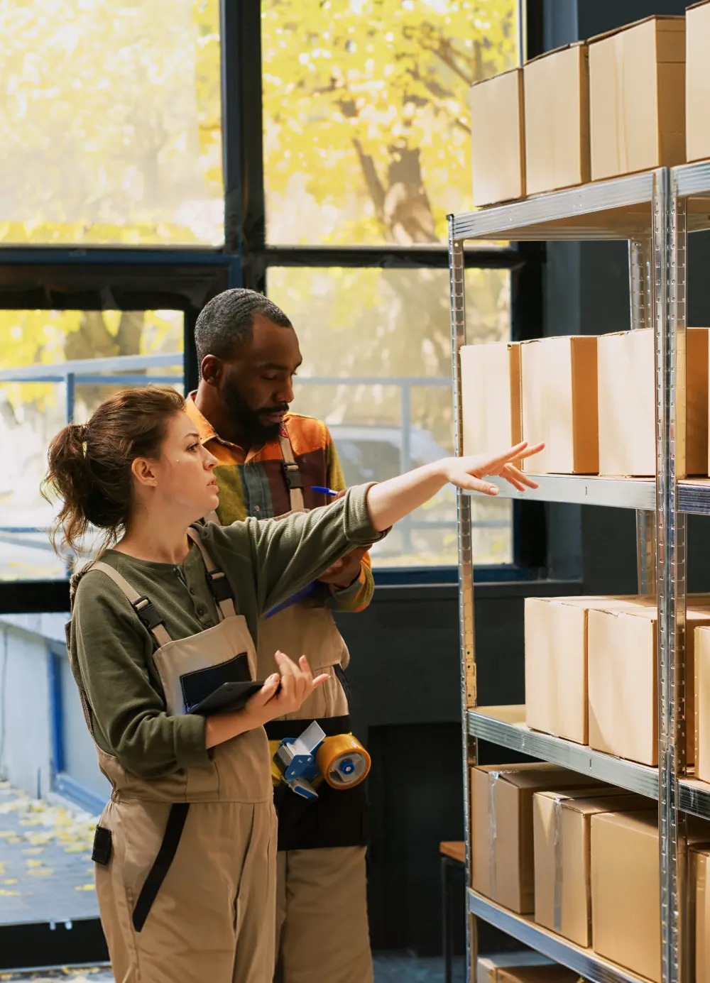 Two workers in overalls organizing cardboard boxes on metal shelves in a warehouse with large windows.