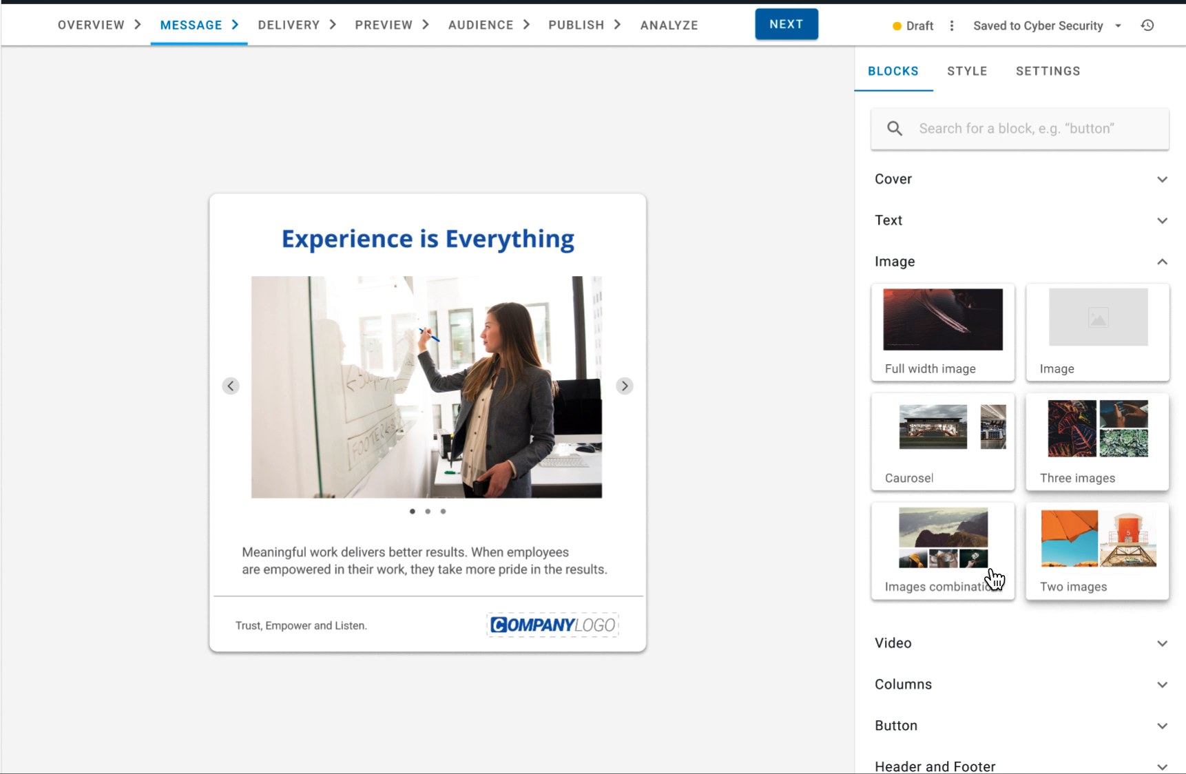 The redesigned editor with the atomic block library open in the sidebar and lifecycle navigation across the top