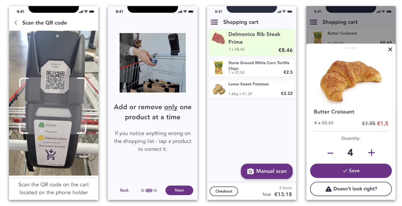 Four screens from the redesigned app: scanning the QR code to start, an onboarding tip about adding one product at a time, the running shopping cart list, and an item detail view with a correction option