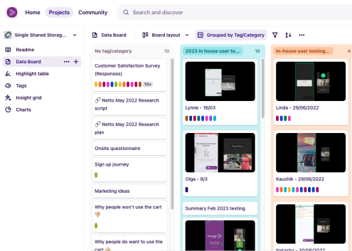Research board of tagged interview sessions in Dovetail, shown at small size