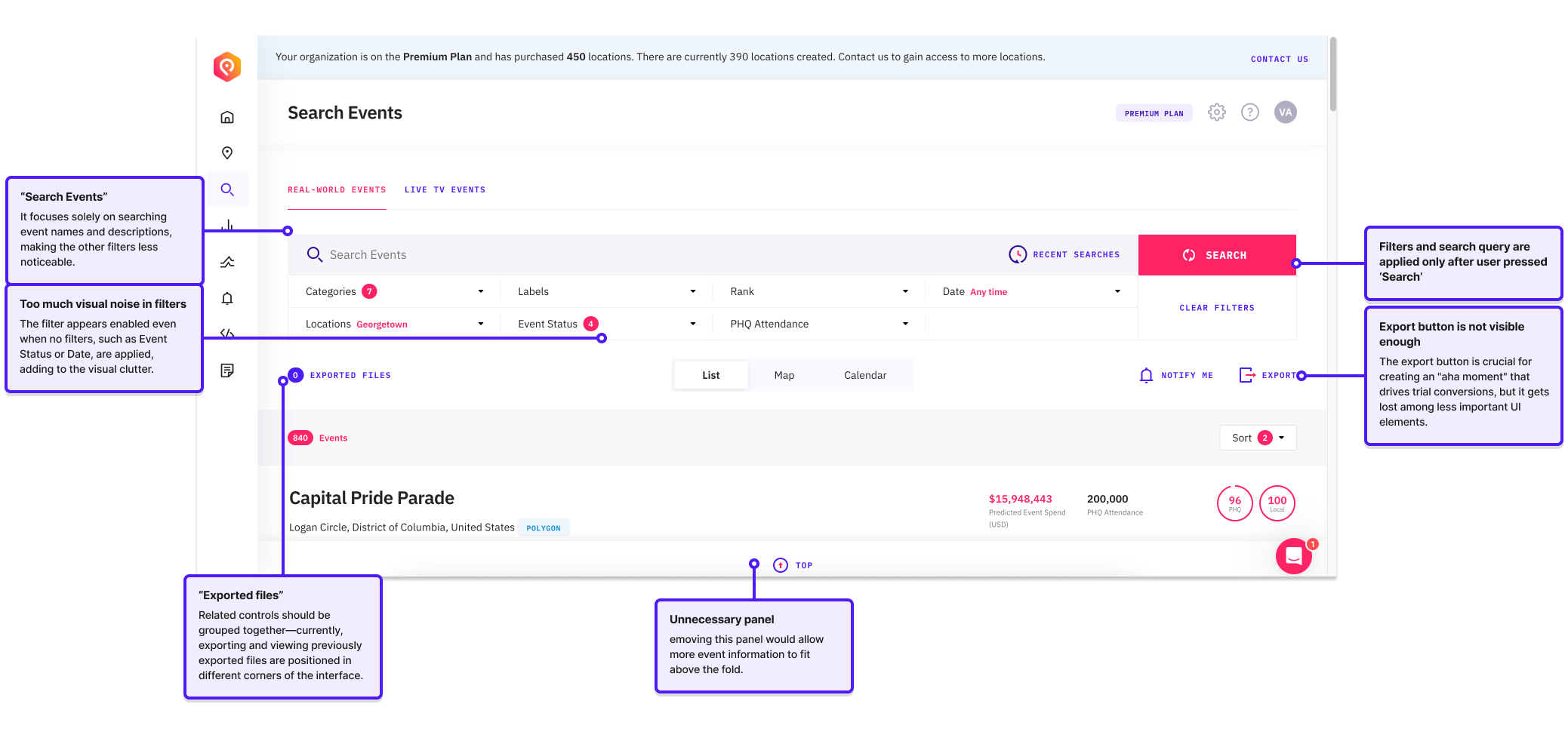 Heuristic audit of the original event search, annotated with five usability problems