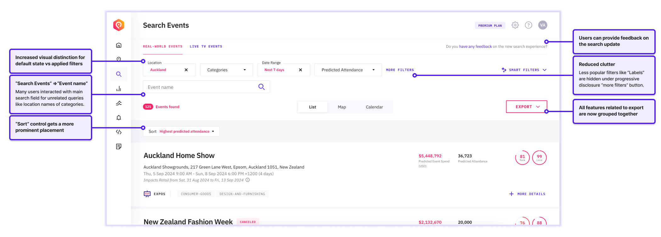 The redesigned event search, annotated with five corresponding fixes