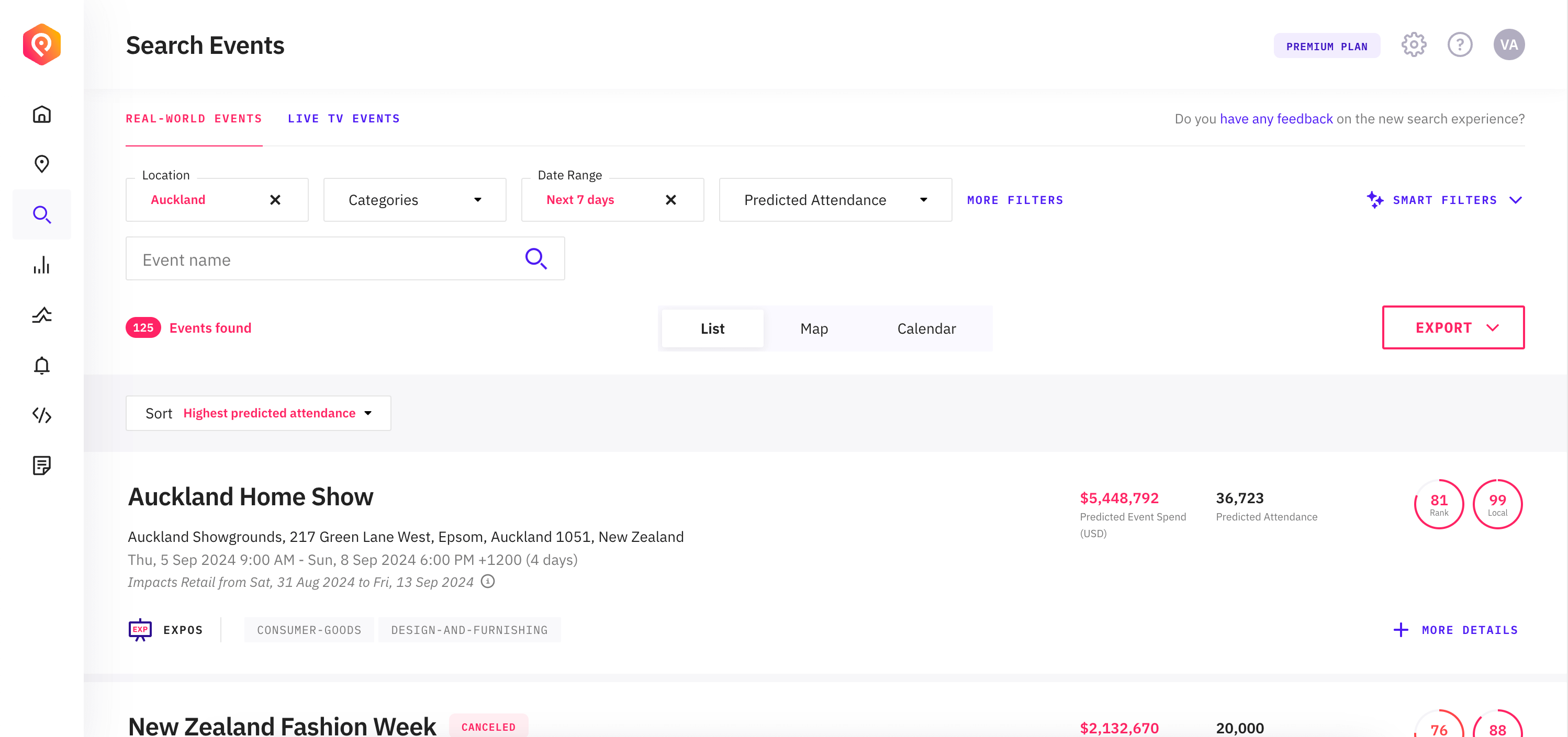 The redesigned event search page with a single filter row and results updating immediately