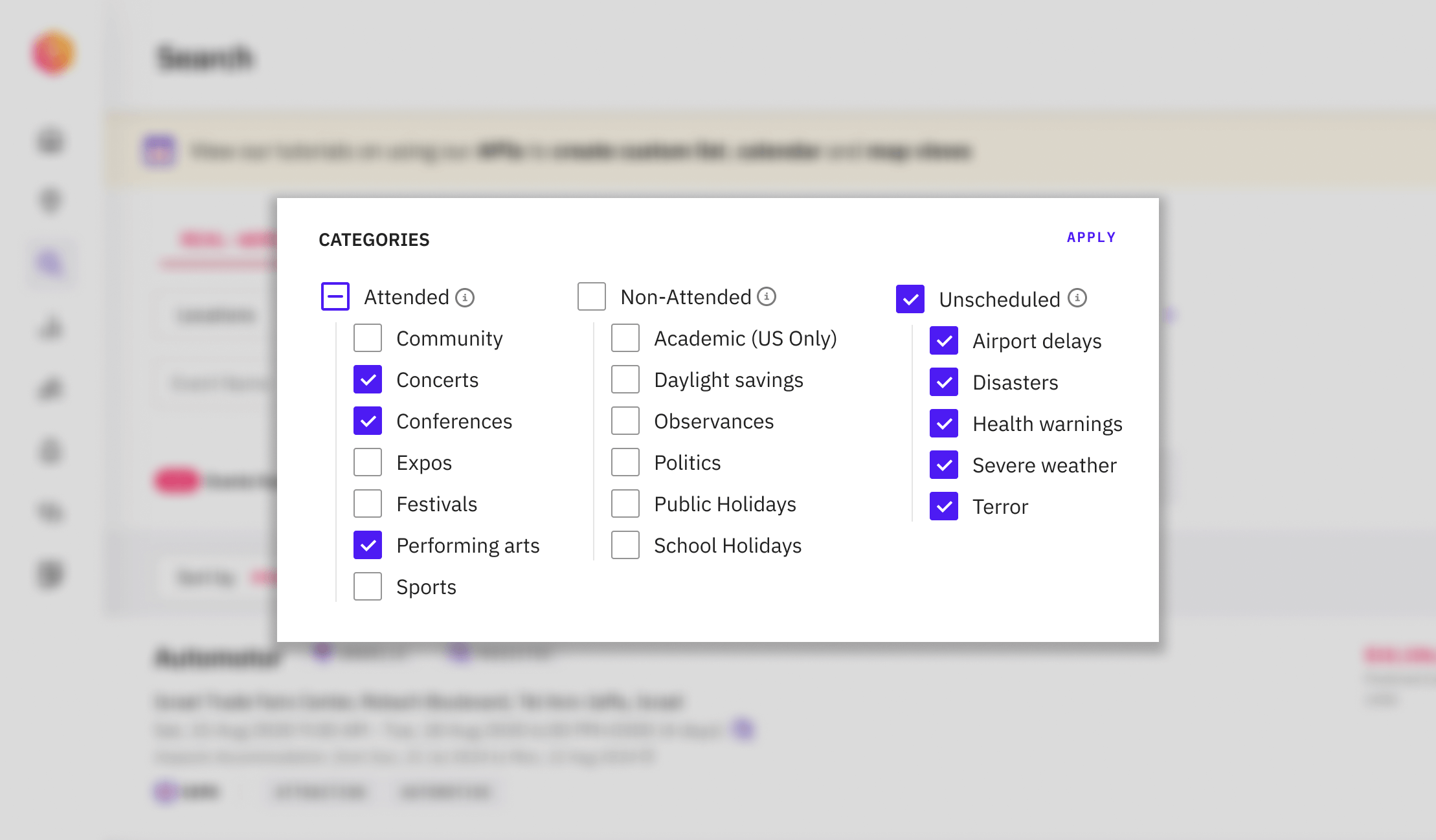 Categories filter with grouped checkboxes and tooltips on category types