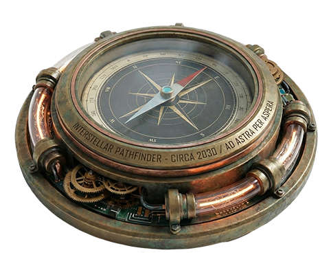 Steampunk-style compass with a metallic frame, glowing tubes, and the inscription 'INTERSTELLAR PATHFINDER - CIRCA 2030 / AD ASTRA PER ASPERA'.