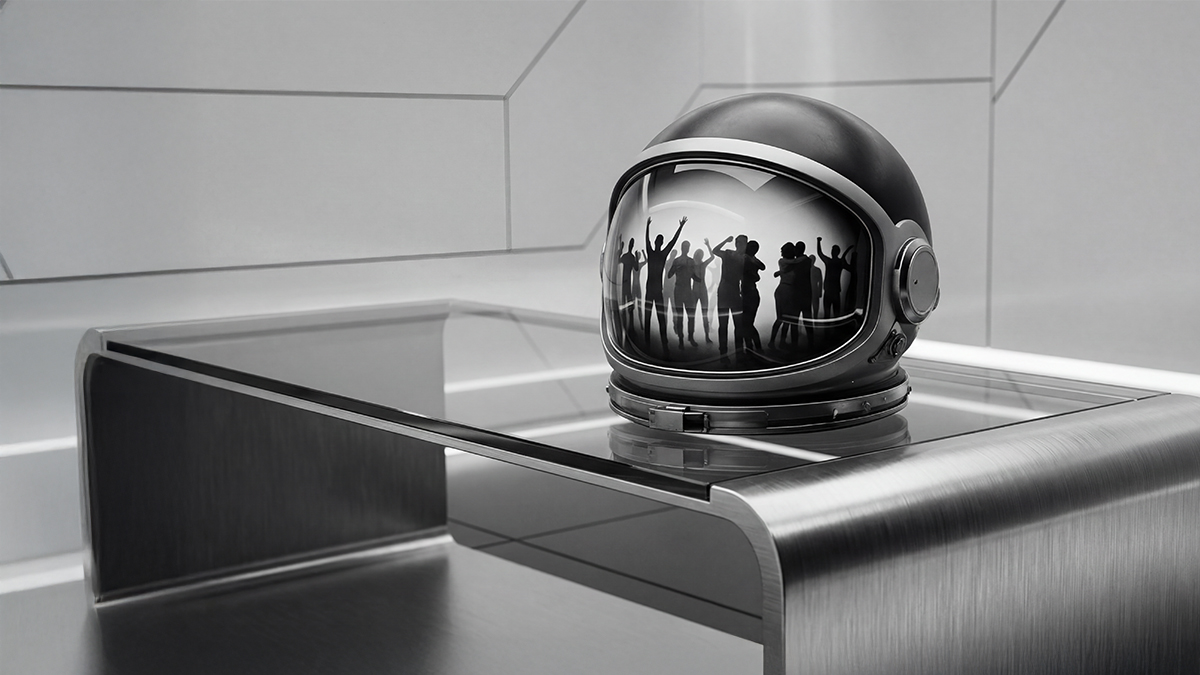 Black astronaut helmet resting on a reflective metal surface with silhouettes of cheering people reflected on the visor.