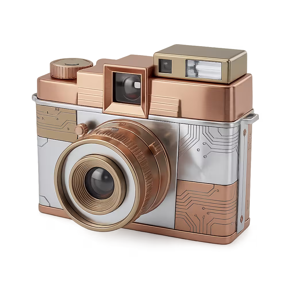Vintage-style camera with a gold and silver metallic finish and circuit board pattern details.