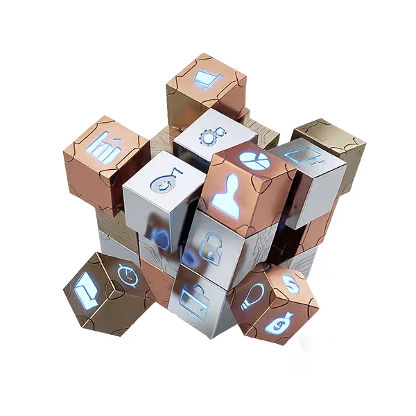 3D cube puzzle made of smaller metallic cubes with technology and business icons glowing in blue on their faces.