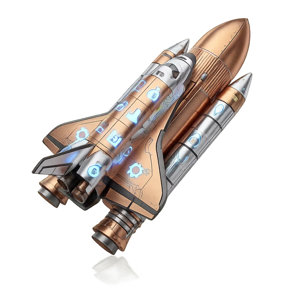 Metallic space shuttle model with illuminated icons on its surface, on a green gradient background.