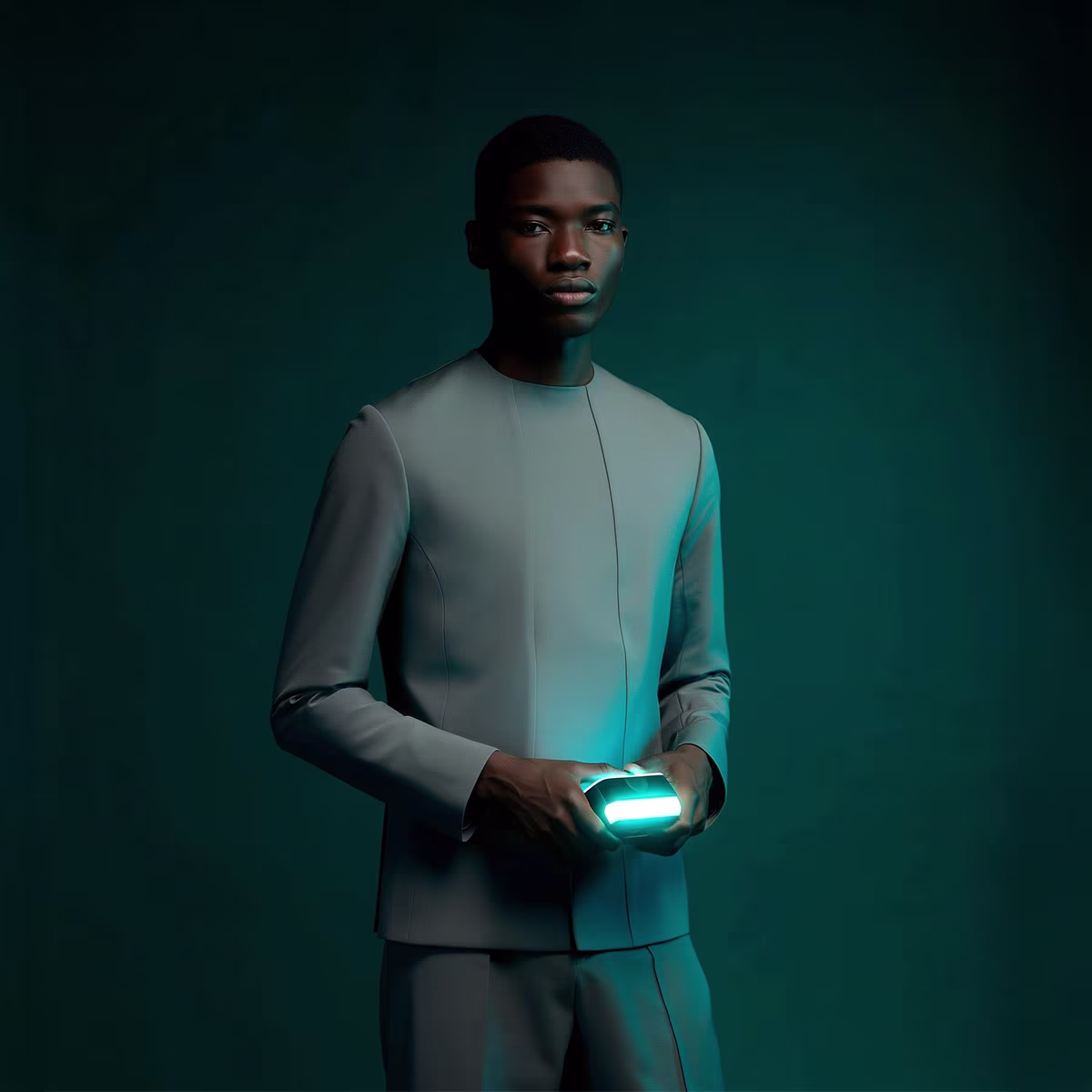 Young man in a sleek gray suit holding a glowing futuristic device against a dark teal background.