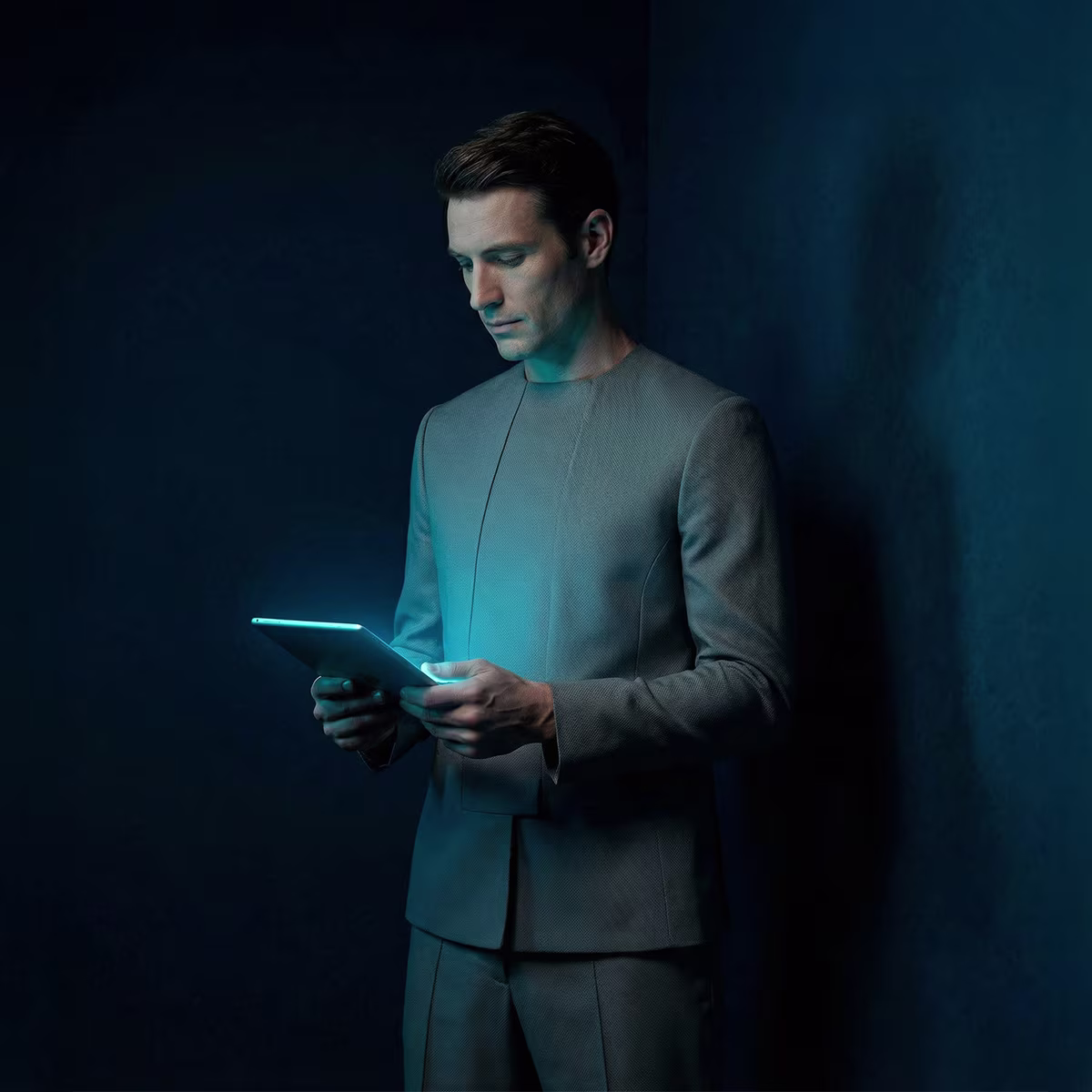 Man in futuristic gray suit standing against a dark blue wall, looking at a glowing tablet.