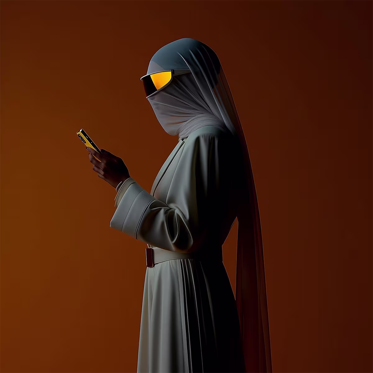 Person wearing a white headscarf, large reflective orange sunglasses, and a light gray outfit, holding and looking at a smartphone against a dark orange background.