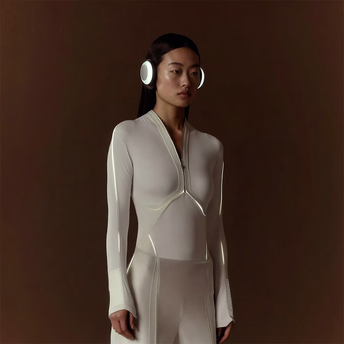 Woman wearing a fitted white futuristic bodysuit and circular headphones against a dark brown background.