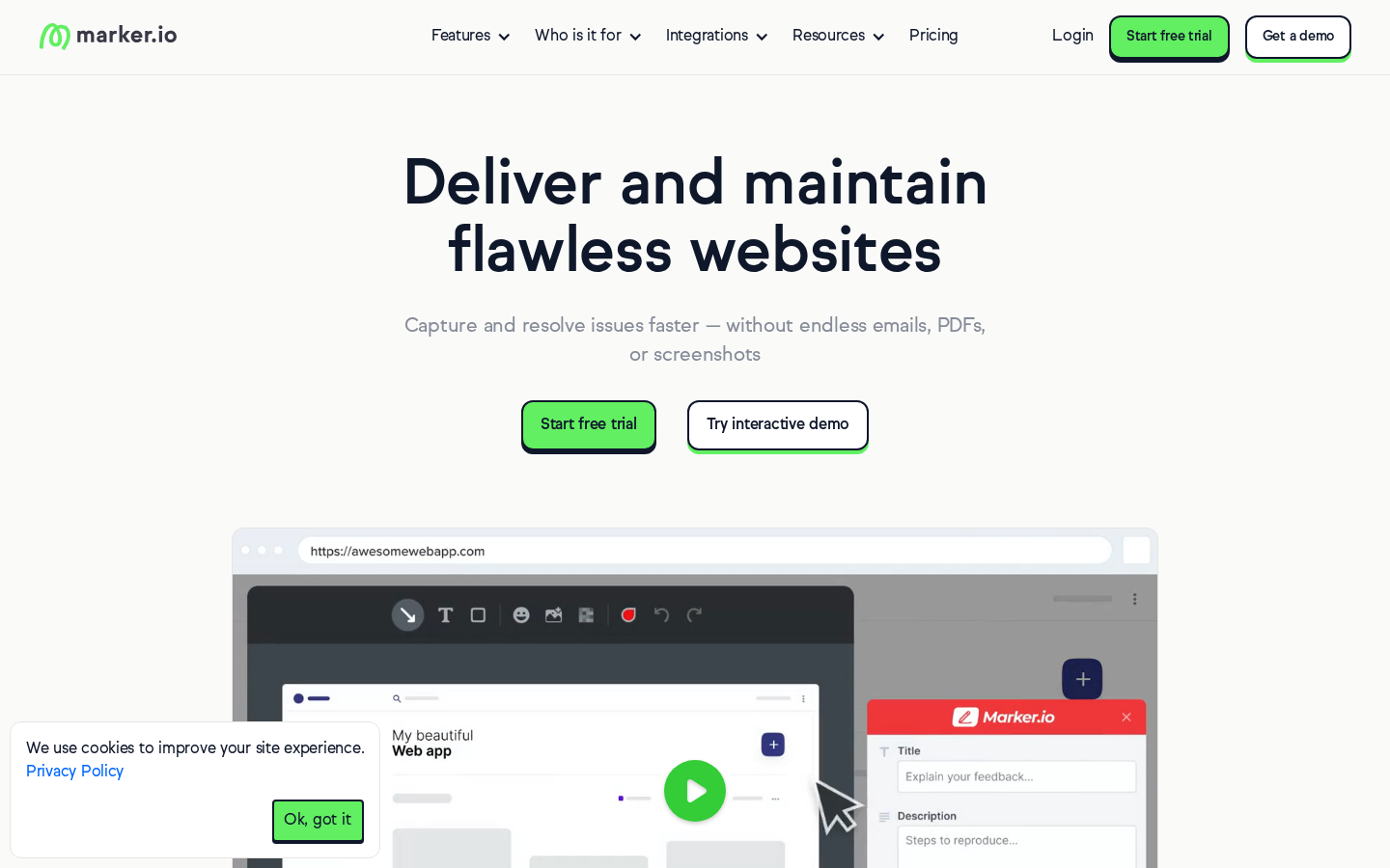Marker.io homepage - website annotation tool with Jira integration