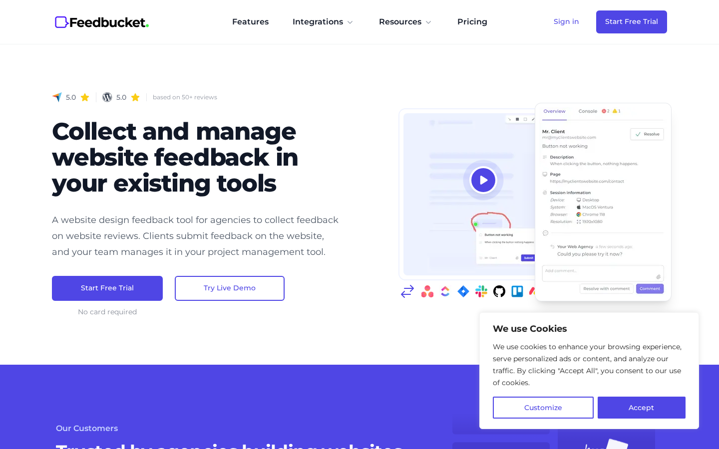Feedbucket homepage - website feedback tool with PM integrations