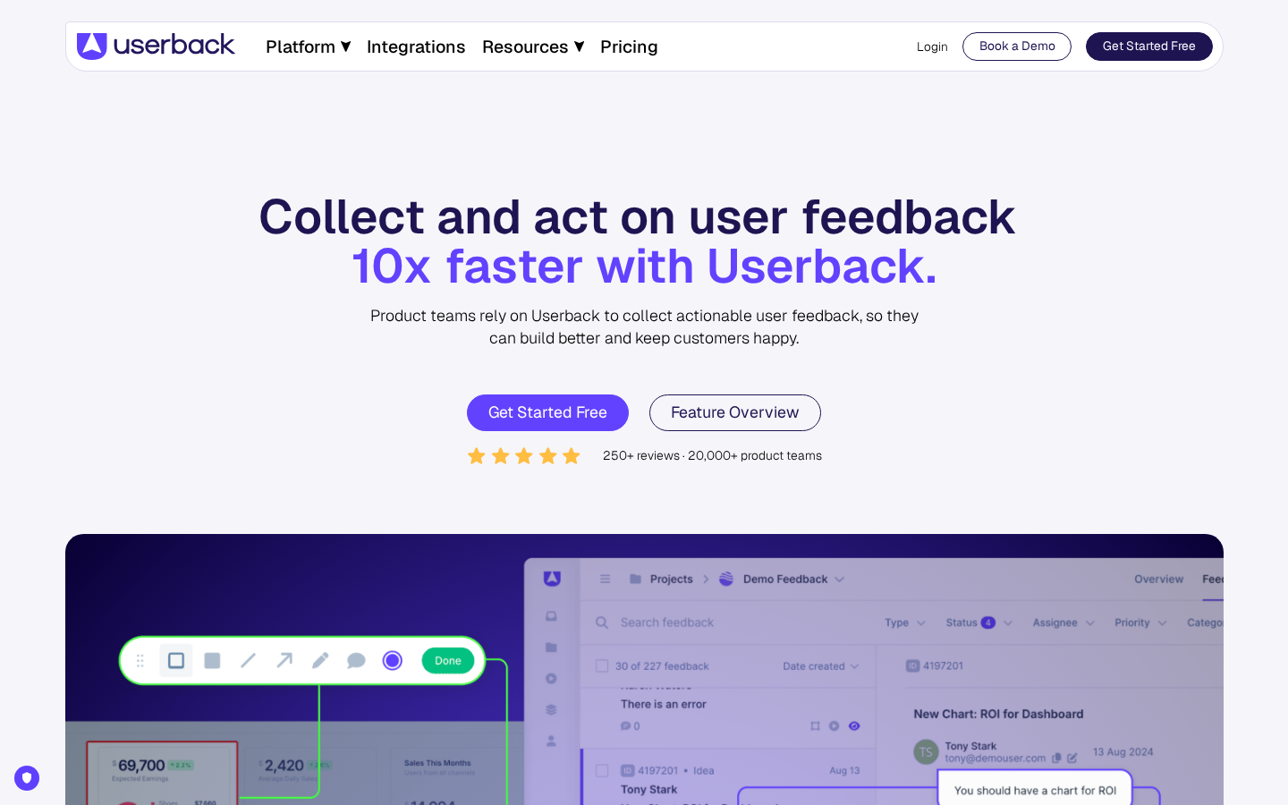 Userback homepage - SaaS product feedback and bug reporting tool