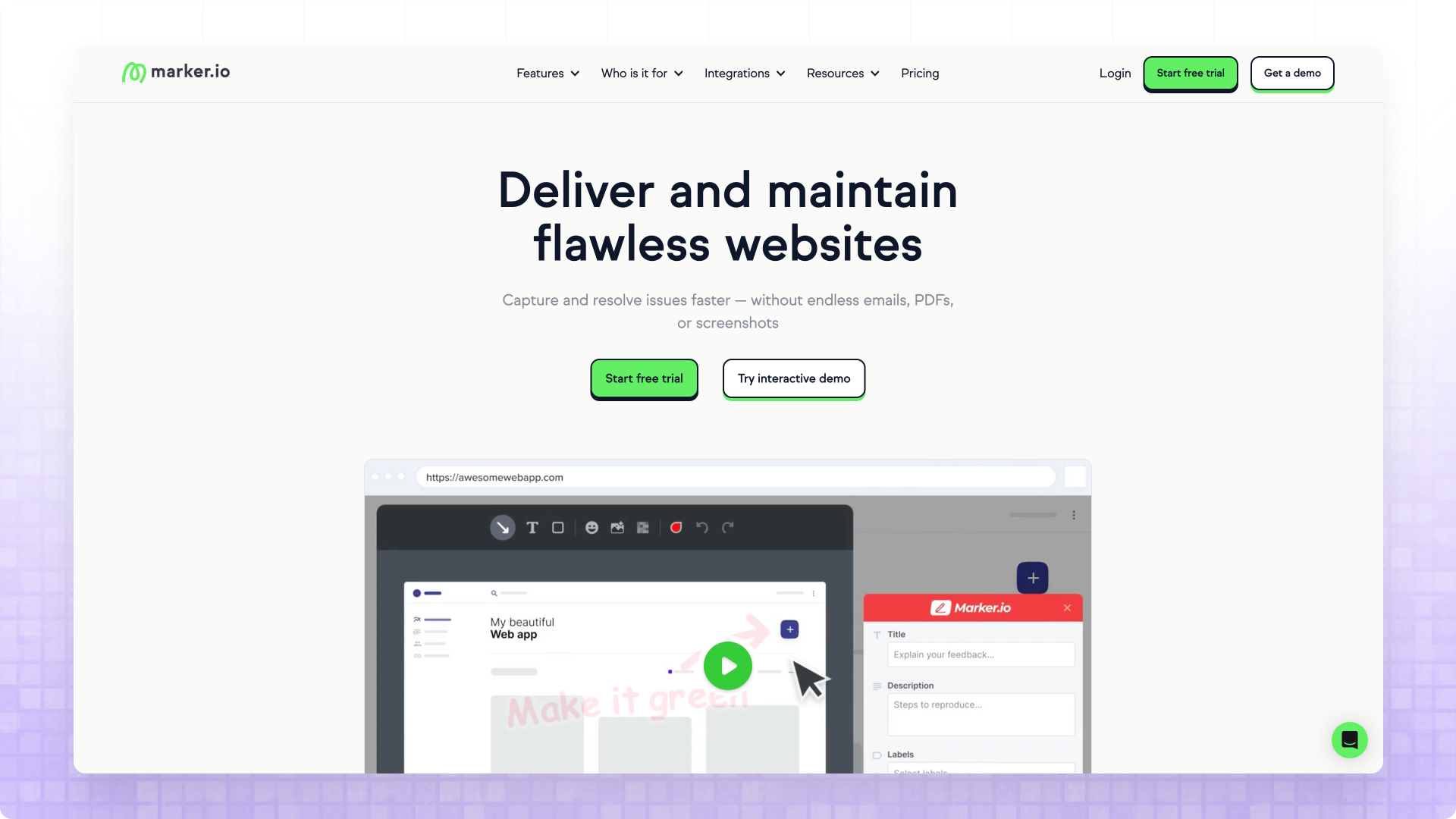 Marker.io homepage - developer feedback tool with Jira integration