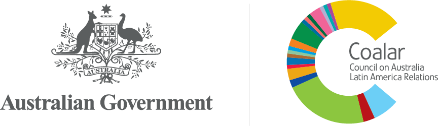Logos of the Australian Government with a kangaroo and emu emblem, and Coalar, Council on Australia Latin America Relations with a colorful segmented circular design.
