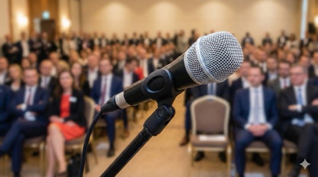 Close-up of a microphone on a stand with an audience in business attire blurred in the background.